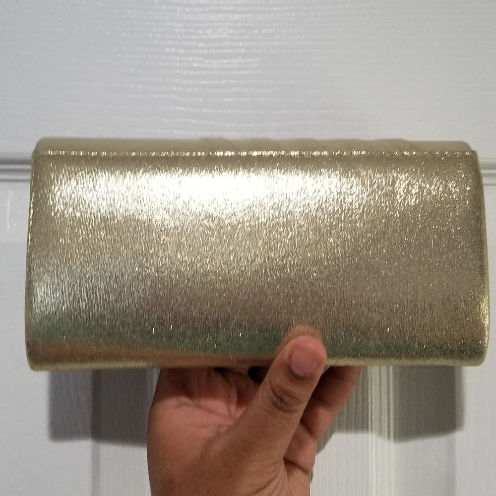 Gold & Rhinestone Fabric Pleated Fold Over Magnet Closure Clutch Removable Strap